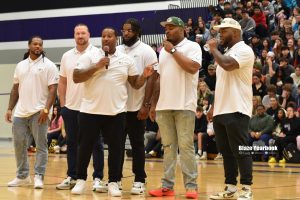 Alex Green, Byran Bulaga, Mike Daniels, Rasheed Walker, Elgton Jenkins and Kenny Clark kick off the all-school assembly as part of the 2024 Tailgate Tour.